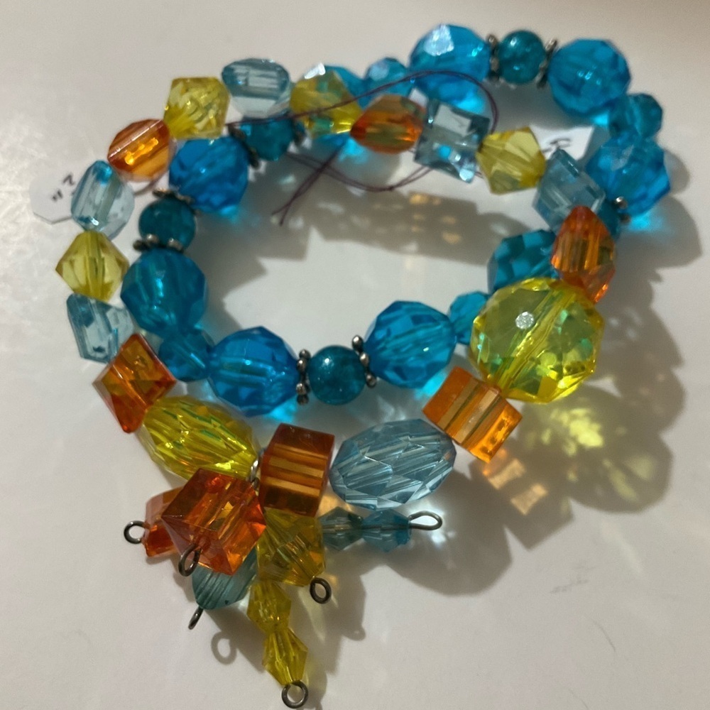 Hand Crafted Stretch Bracelet Set Crystals with Dangles Blue Orange Yellow